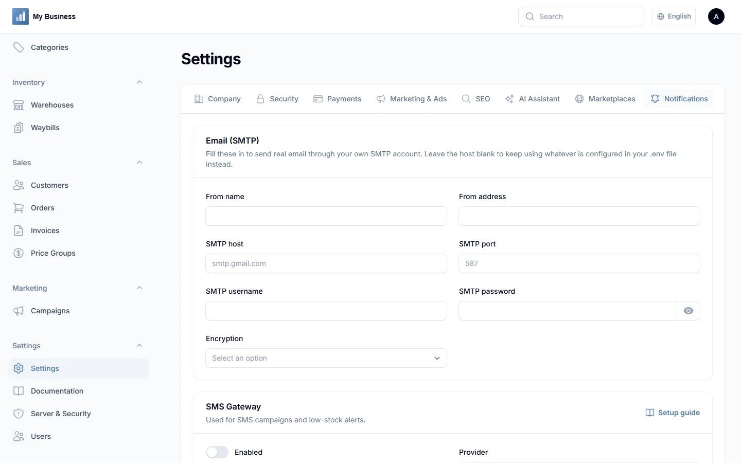 Notifications settings screen