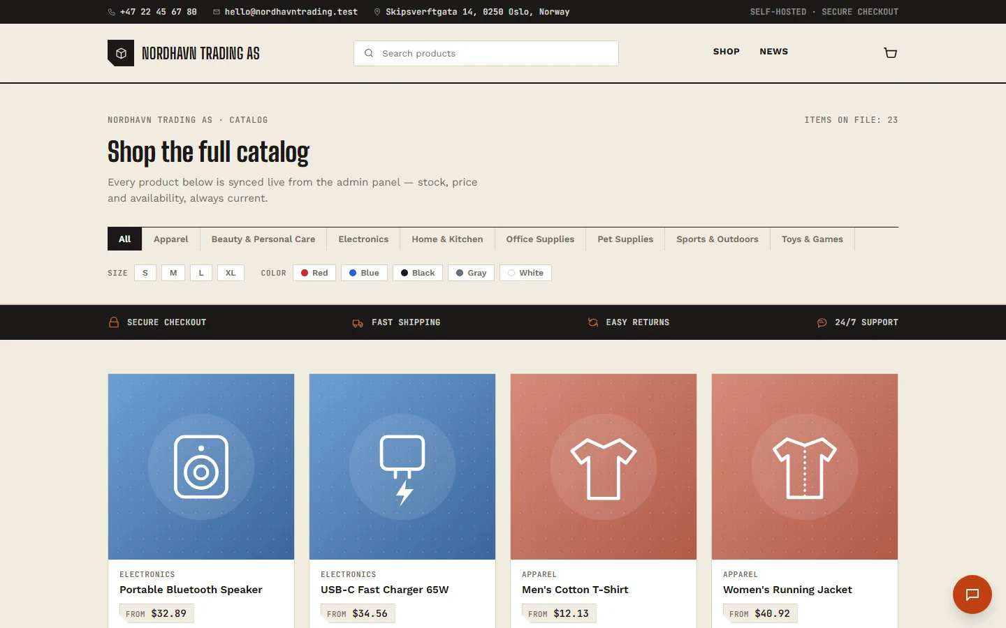 The public storefront — product catalog with search, filters and cart