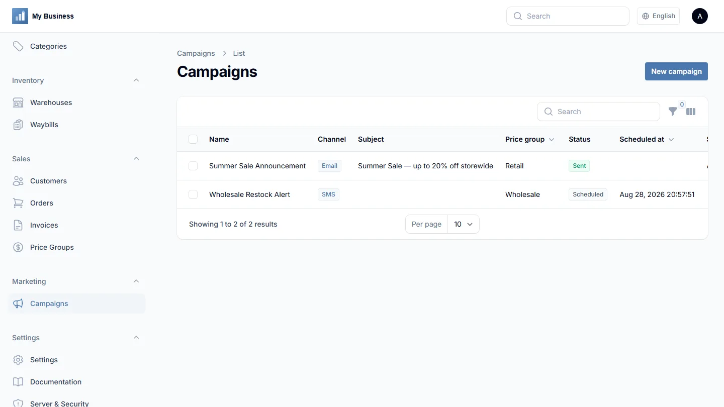 Email, SMS and Telegram campaigns screen