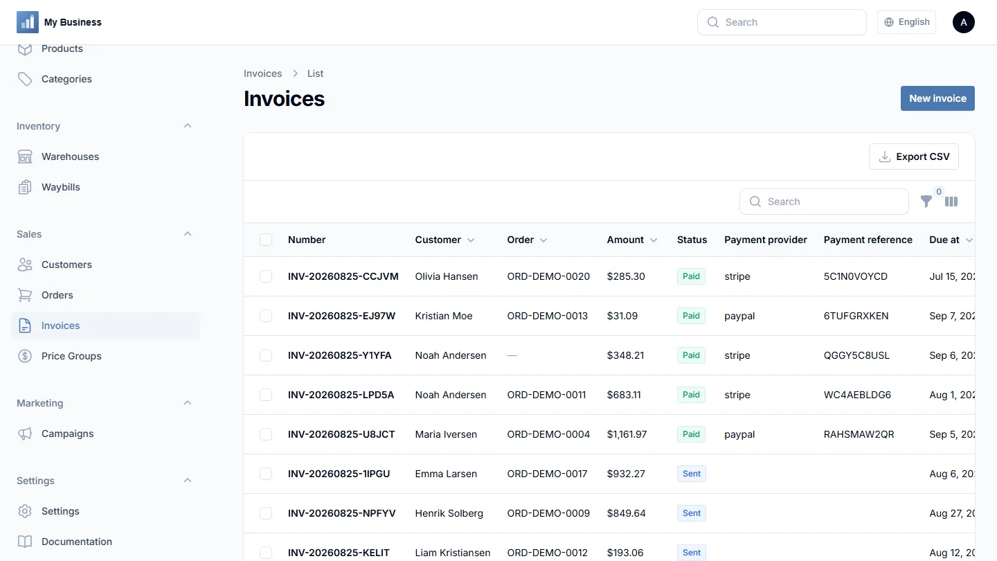Invoices & payment links screen