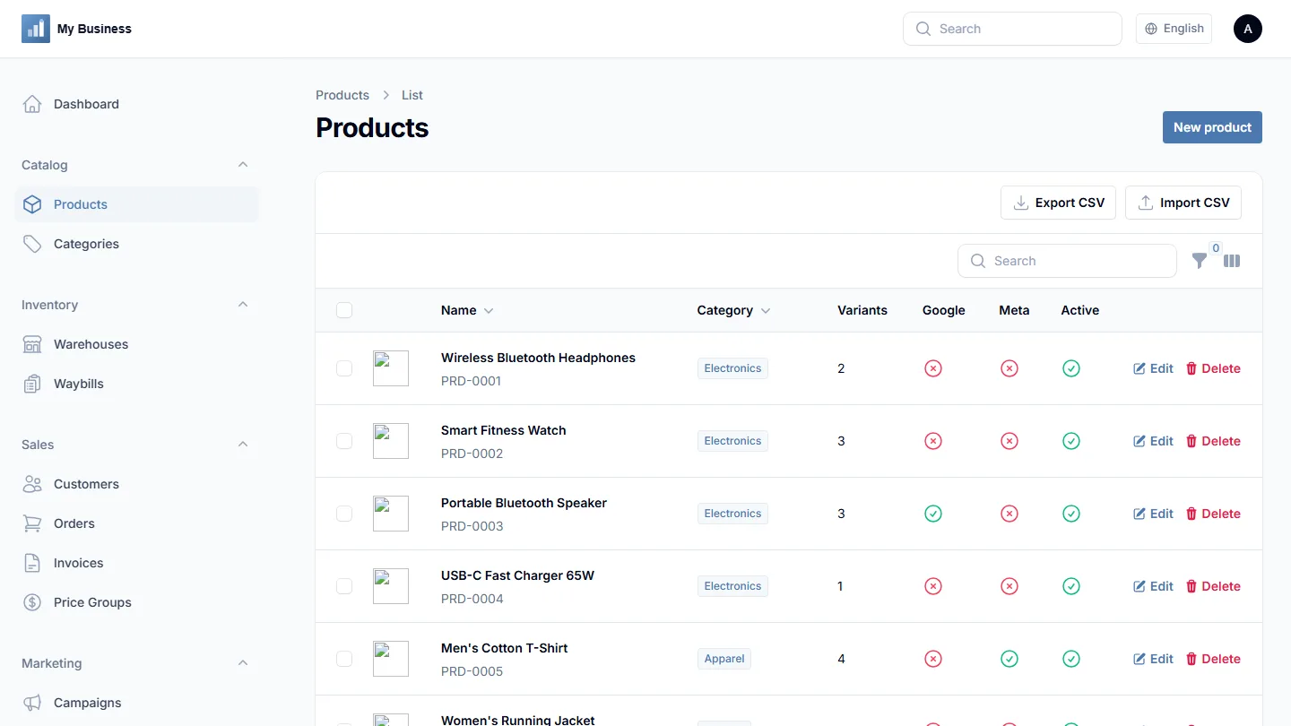 Catalog & variants screen
